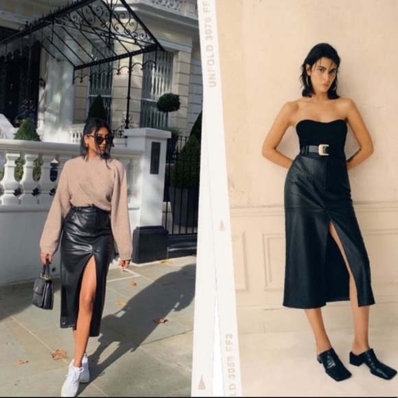 ZARA FAUX LEATHER MIDI SKIRT - Picture 1 of 8